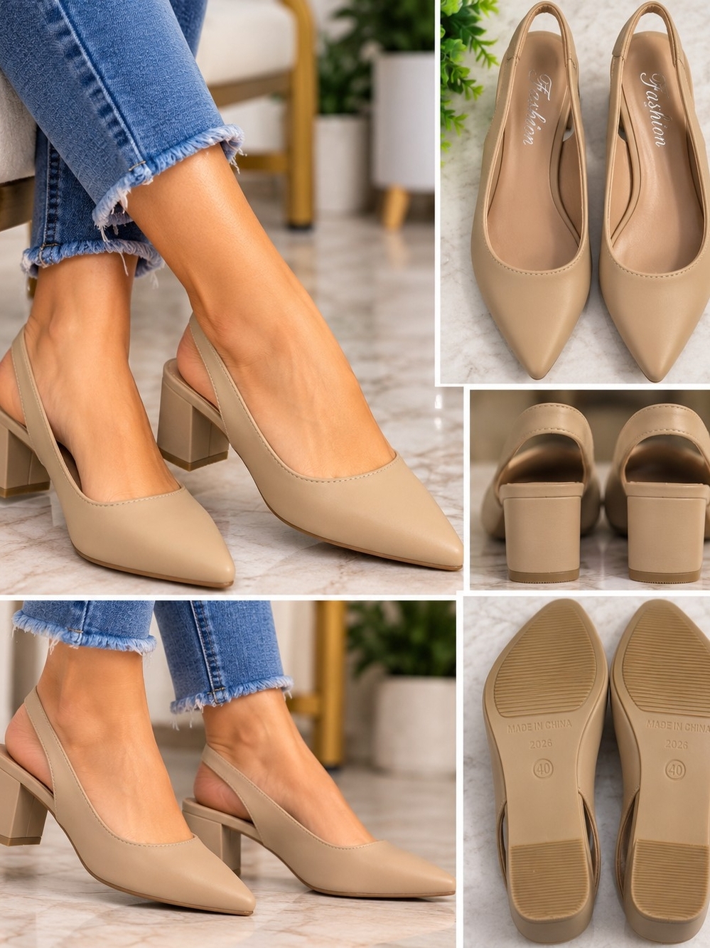 Fashion Nova Beige Pointed Toe Slingback Block Heel Mules